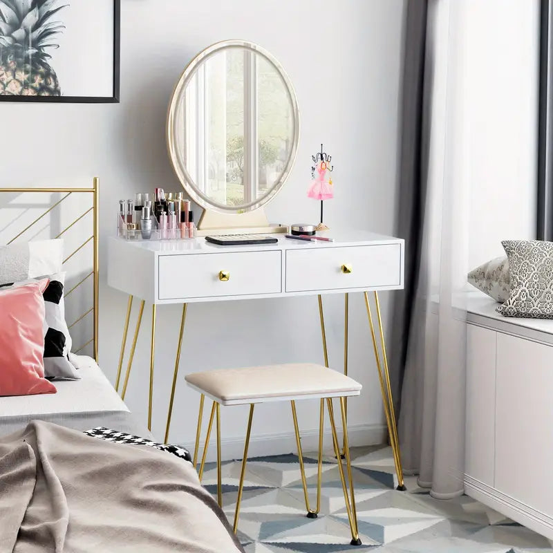 Elegant White Dressing Table Stool Set with LED Oval Mirror