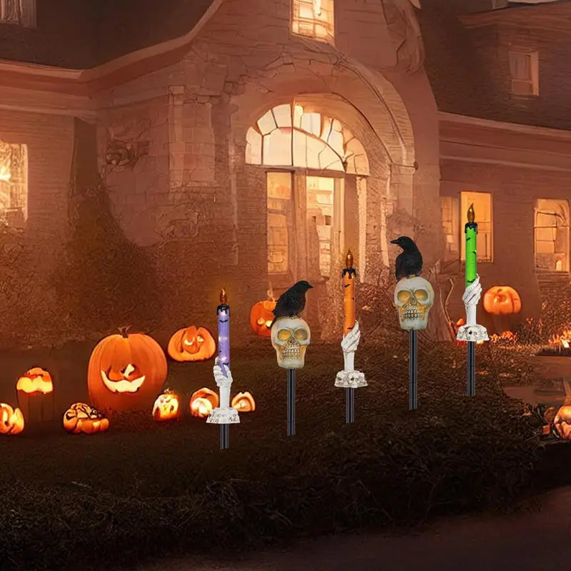 5-Pack Solar Skull & Candle Lights with Black Crow – Waterproof