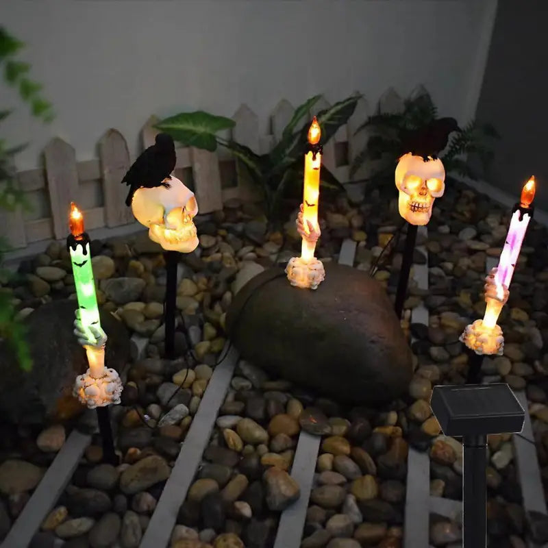 5-Pack Solar Skull & Candle Lights with Black Crow – Waterproof