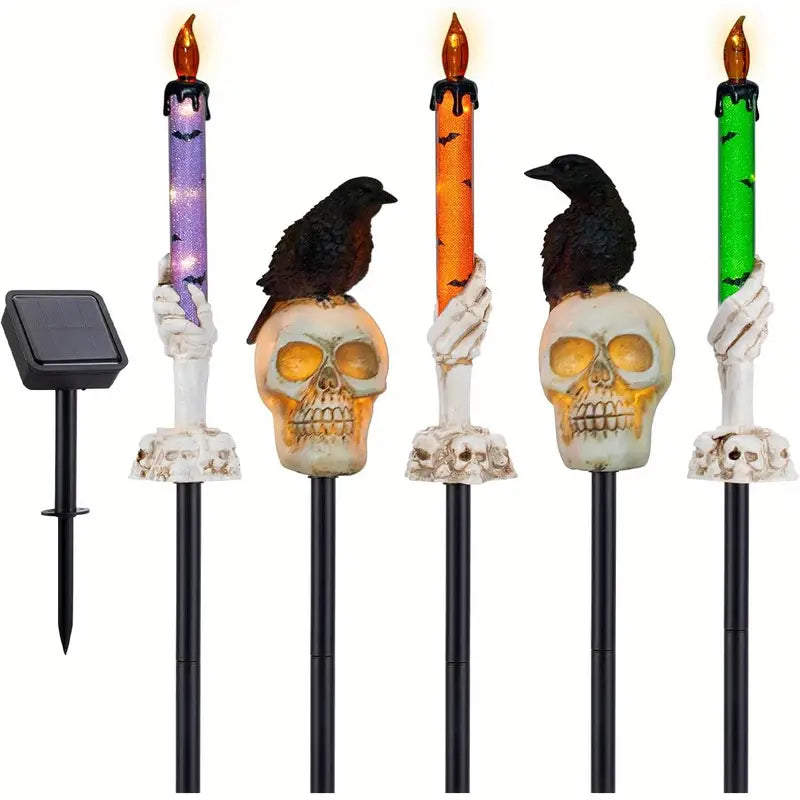 5-Pack Solar Skull & Candle Lights with Black Crow – Waterproof