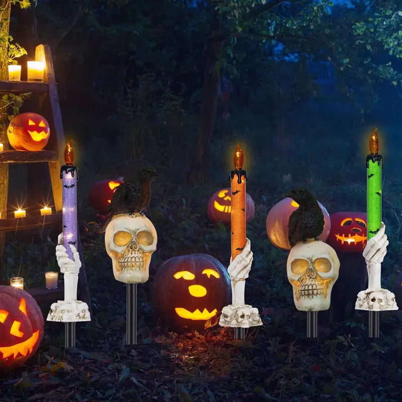 5-Pack Solar Skull & Candle Lights with Black Crow – Waterproof