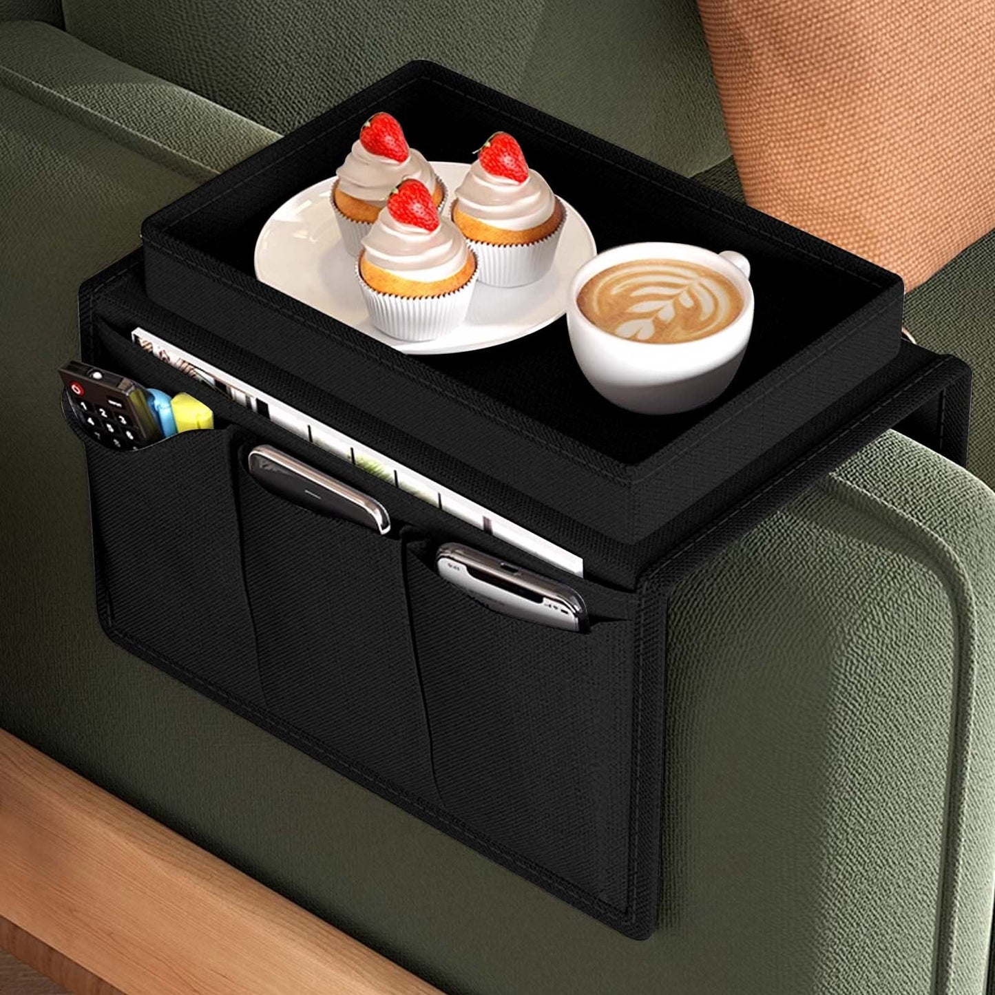 Sofa Armrest Organizer with Tray & Storage Pockets
