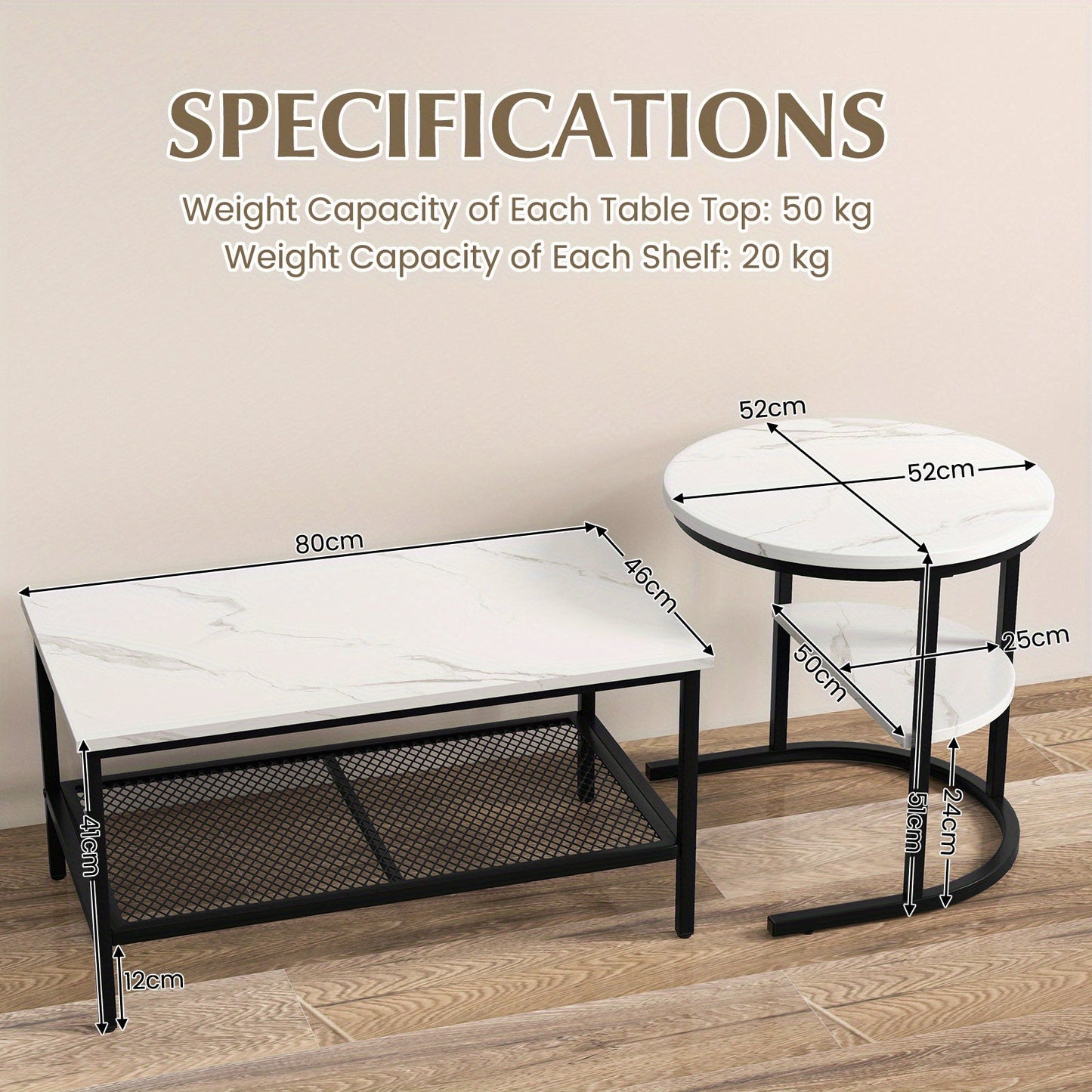 2x Nesting Coffee Table Set - White Faux Marble Top