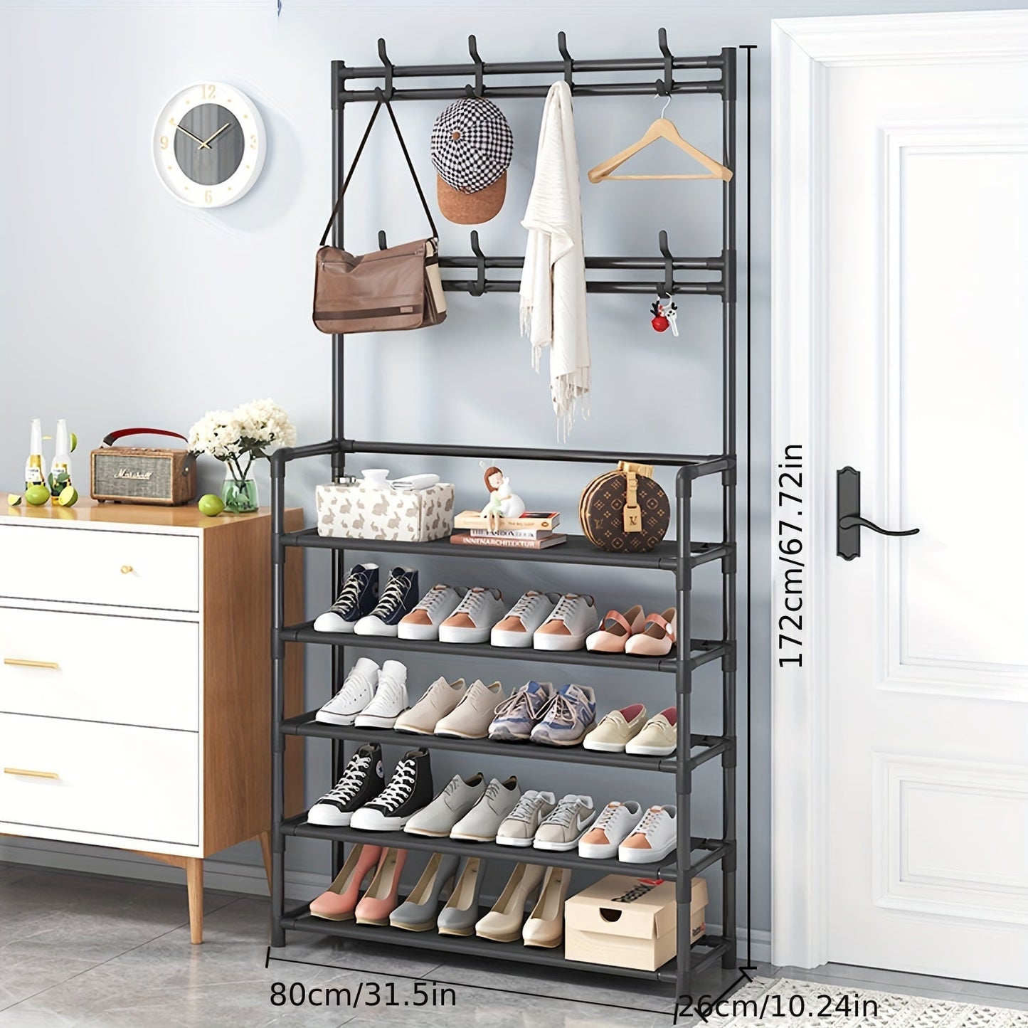 Stainless Steel Coat & Shoe Rack (8-Hook 4-Tier)