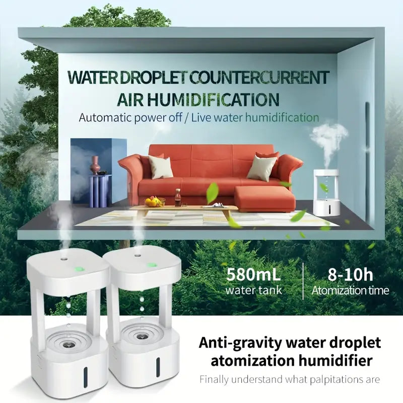 Levitating Plant Water Drop Humidifier - 580ML Cool Mist, Anti Gravity Design, USB Powered, Nightlight