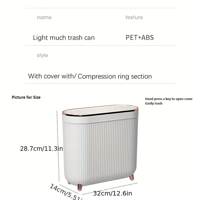 Compact Toilet Trash Can with Quiet Close Lid - White Gray Plastic, Space-Saving Design
