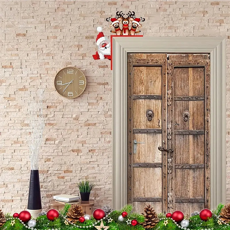 Christmas Door Corner Sign: Santa & Reindeer Wooden Frame Decoration