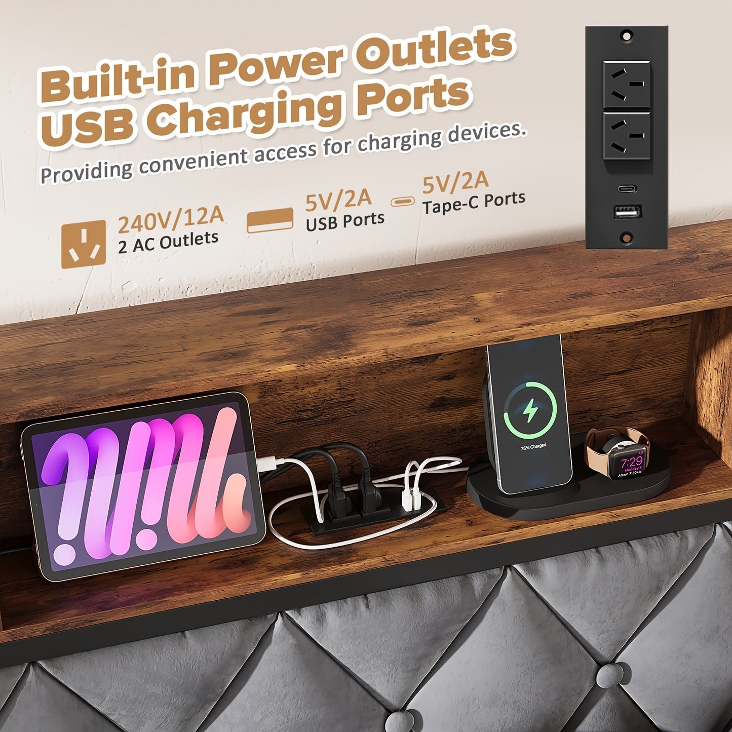 Queen Size Bed Frame with Drawers, Shelf, Headboard & Charging Station(Brown)