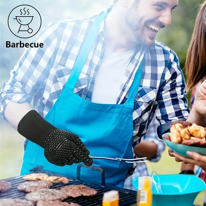 Fireproof Silicone BBQ Gloves - Heat Resistant, Cut-Resistant, Non-Slip (Black)