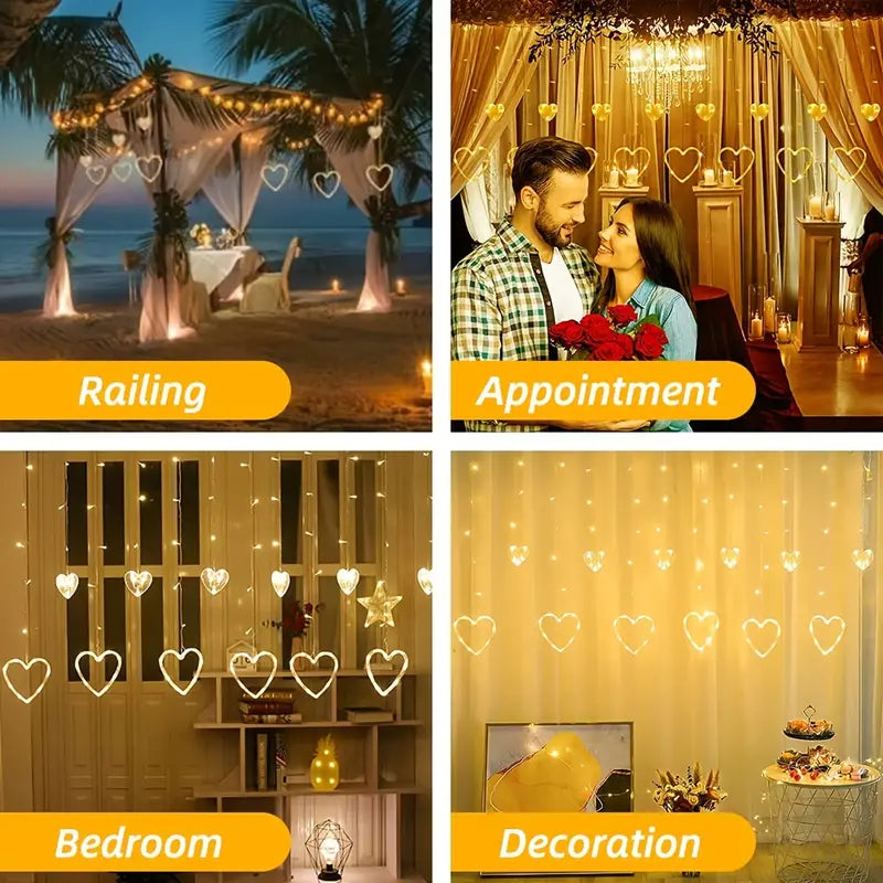 Waterproof Heart-Shaped LED Curtain String Lights - 138 LEDs, 8 Flashing Modes