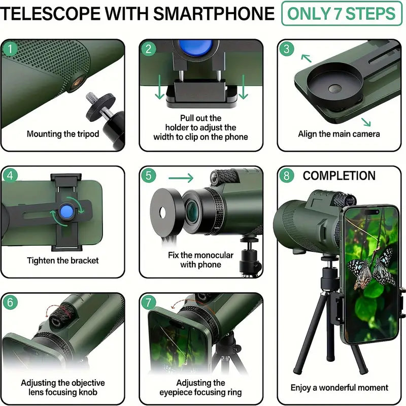 80x100 Monocular Telescope with Phone Clip and Tripod - Green