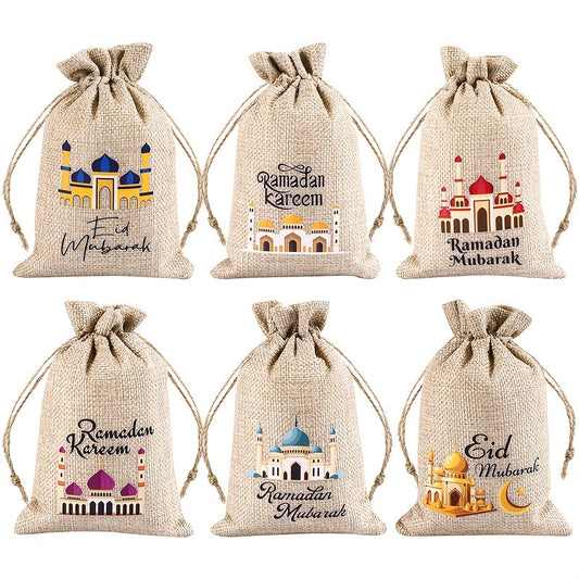 6-Pack Linen Burlap Gift Bags for Ramadan