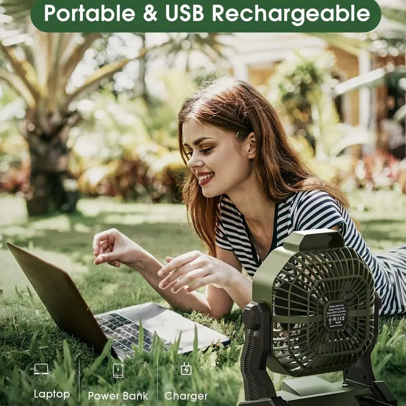 Portable Rechargeable Camping Fan - 7800mAh Battery, Cordless, USB Operated, Wireless, Hanging Hook