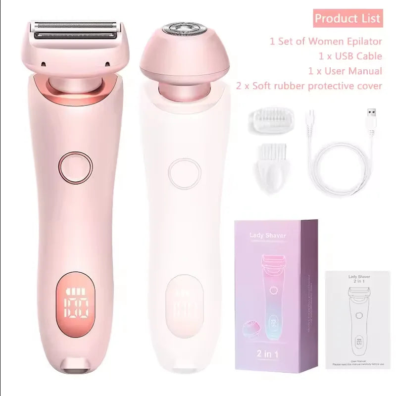 2 in 1 Waterproof Electric Shaver for Women Painless Hair Removal Pink