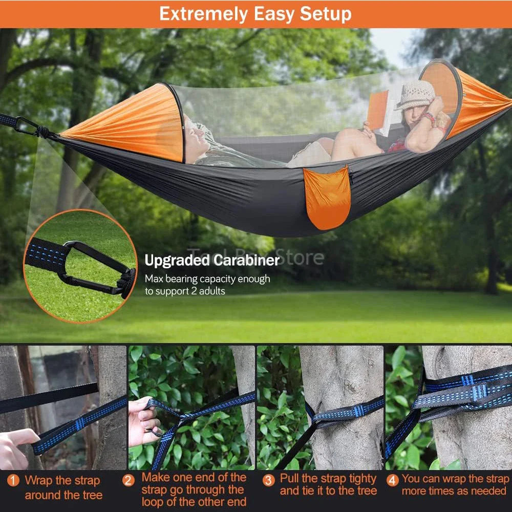 2-Person Camping Hammock with Mosquito Net & Straps (Orange)