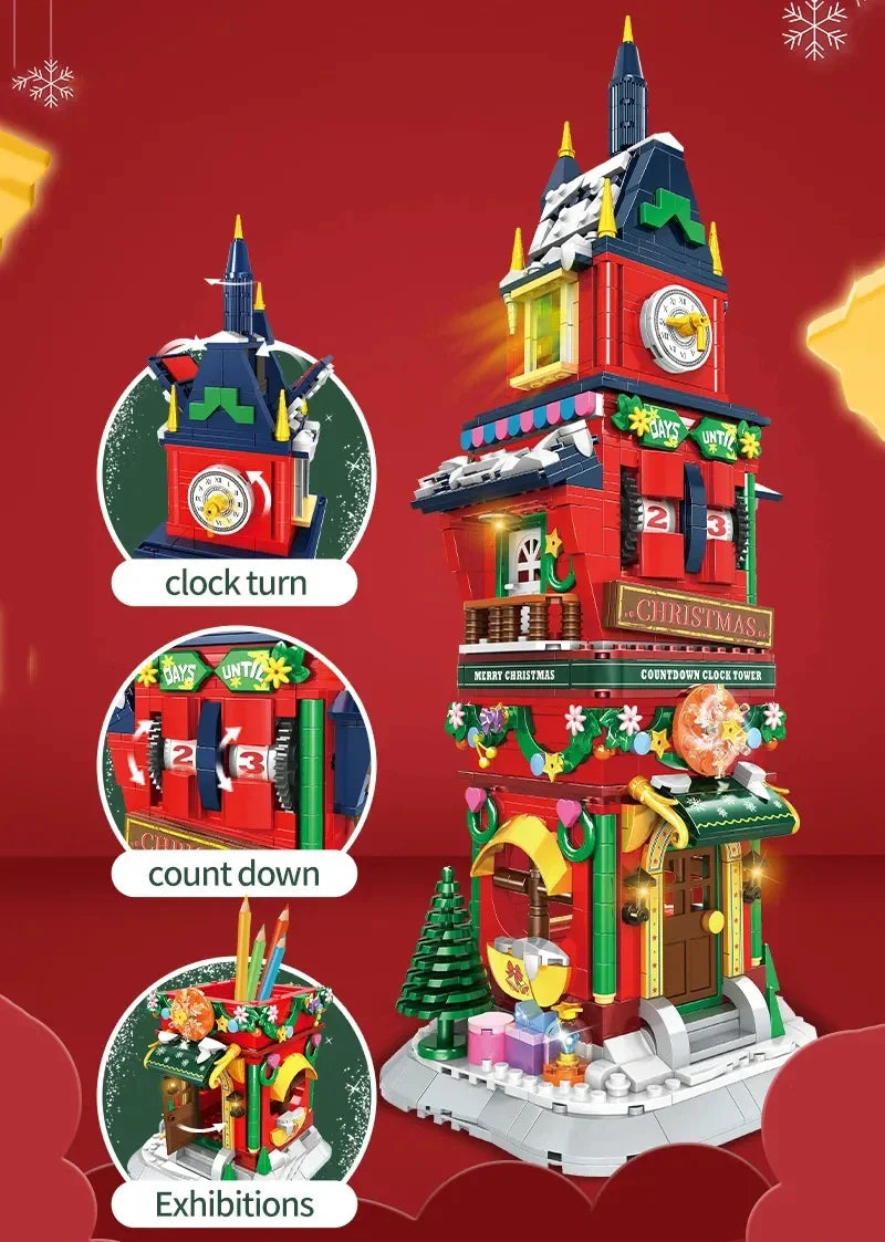 2023 City Creativity Winter Village Countdown Tower Model Building Blocks