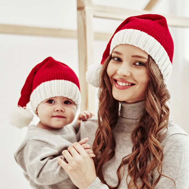 Mom & Baby Set Knitted Christmas Hat Pompom Santa Beanie