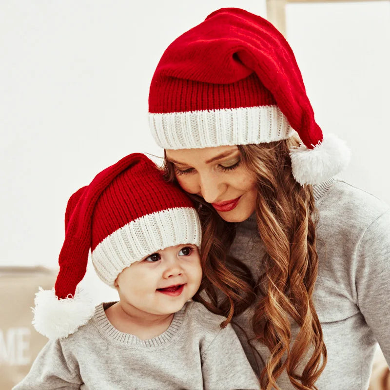 Mom & Baby Set Knitted Christmas Hat Pompom Santa Beanie