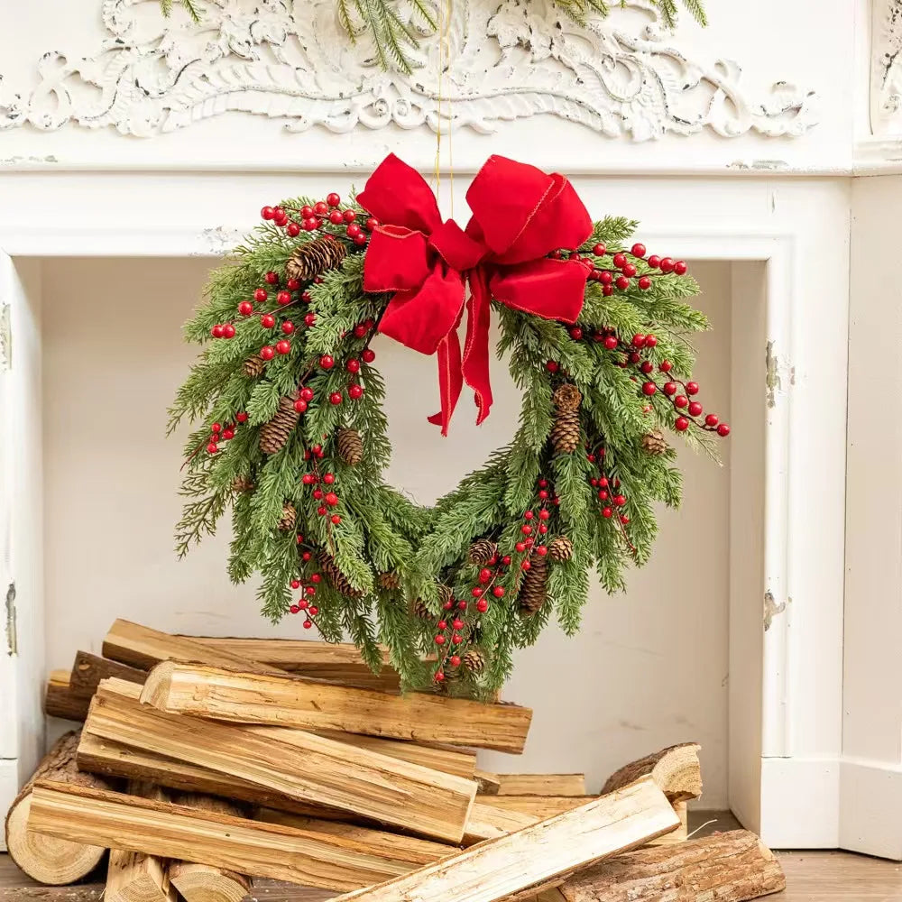 Christmas Heart-Shaped Rattan Wreath with Bowknot