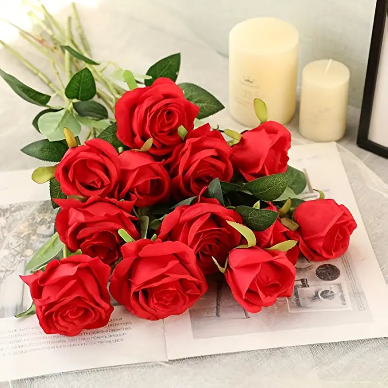 12-Piece Realistic Artificial Rose Bouquet - Red Long Stem Roses for Floral Arrangements
