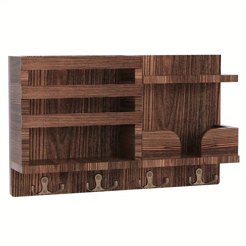 Traditional Wooden Wall-Mounted Storage Shelf with Hooks