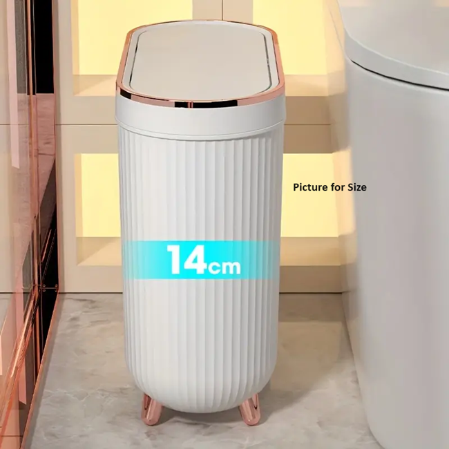 Compact Toilet Trash Can with Quiet Close Lid - White Gray Plastic, Space-Saving Design