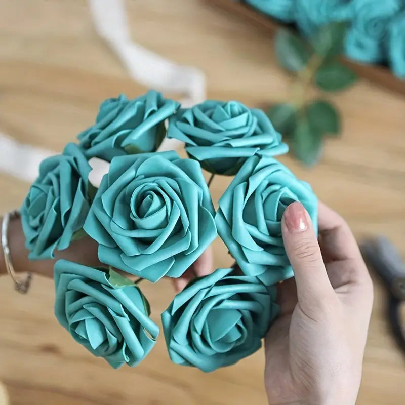25pcs Teal Green Artificial Roses with Flexible Stems