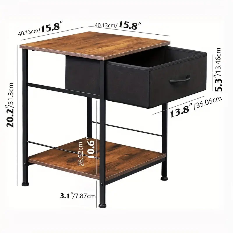 Rustic Black Metal Nightstand with Fabric Drawer