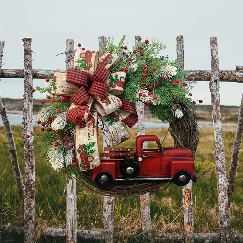 Charming 1pc Christmas Artificial Wreath Red Truck Decoration | Large Door Front Wreath