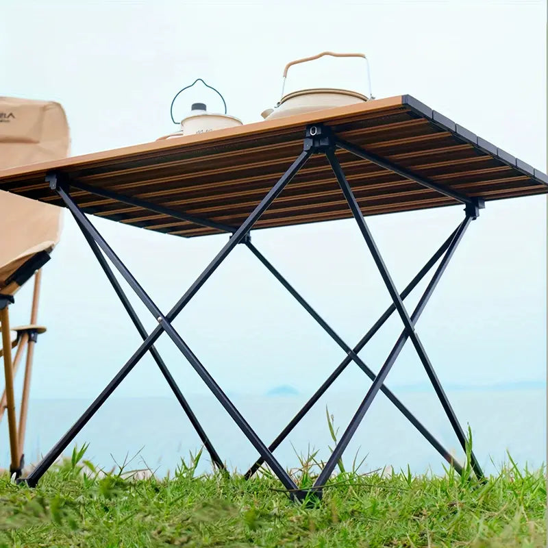Portable Folding Outdoor Picnic Table - Aluminum Alloy, Wood Color
