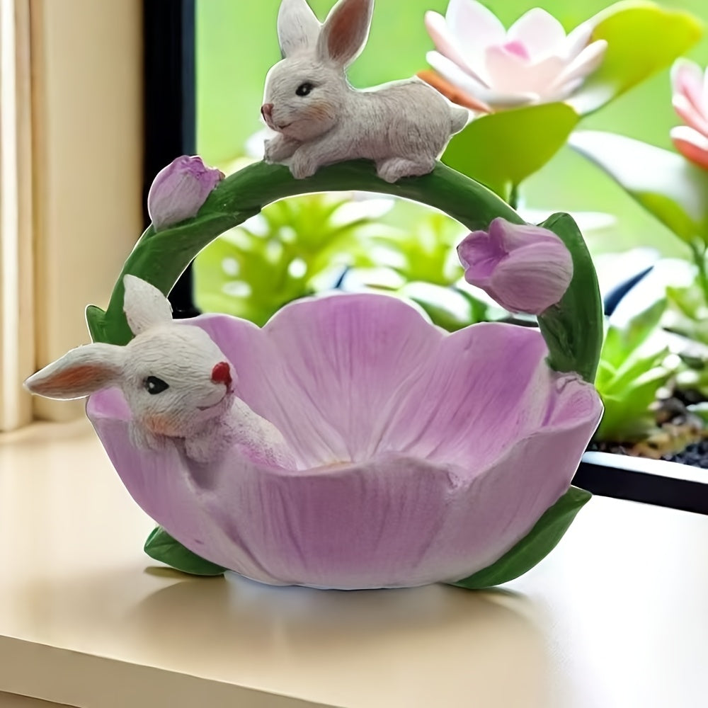 Resin Bunny & Lotus Figurine for Home Decor