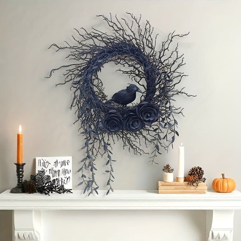 Halloween Wreath Crow & Dark Blue Roses
