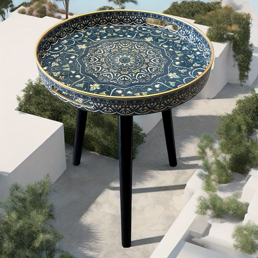 Outdoor Round Tray Table with Wooden Legs