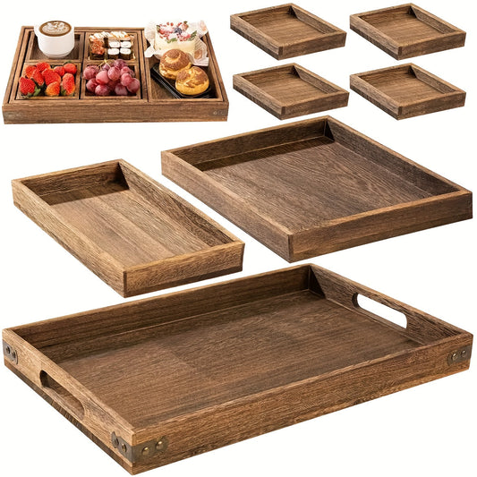 Rustic Wooden Tray Set with Handles (7pcs)
