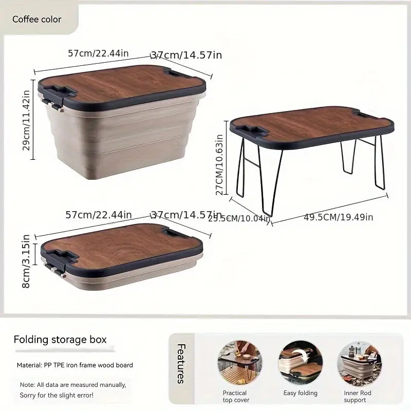 1 Set Outdoor Camping Folding Storage Box with Wooden Lid - Coffee Color