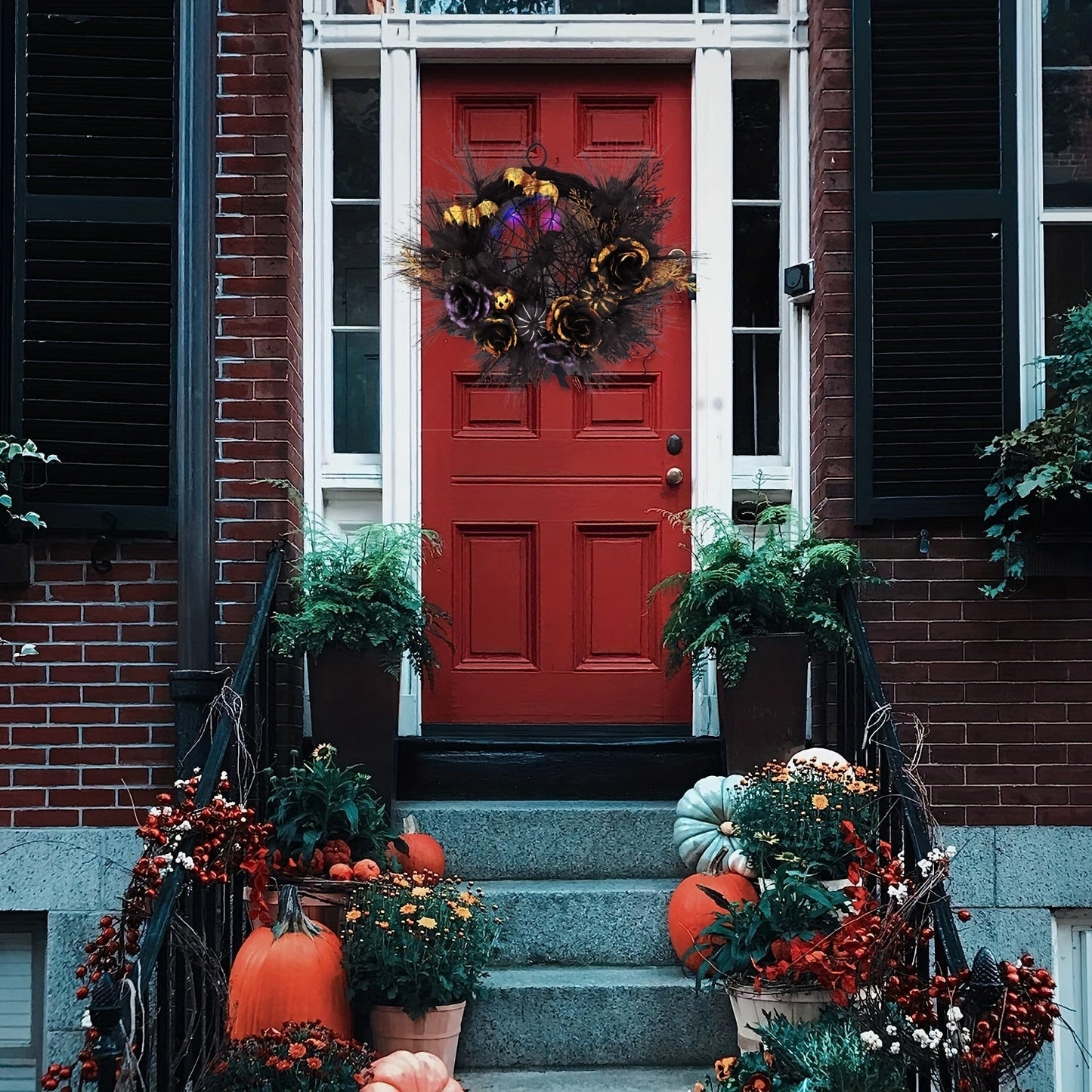 Halloween Wreath Spider Web Pumpkin Flowers Front Door