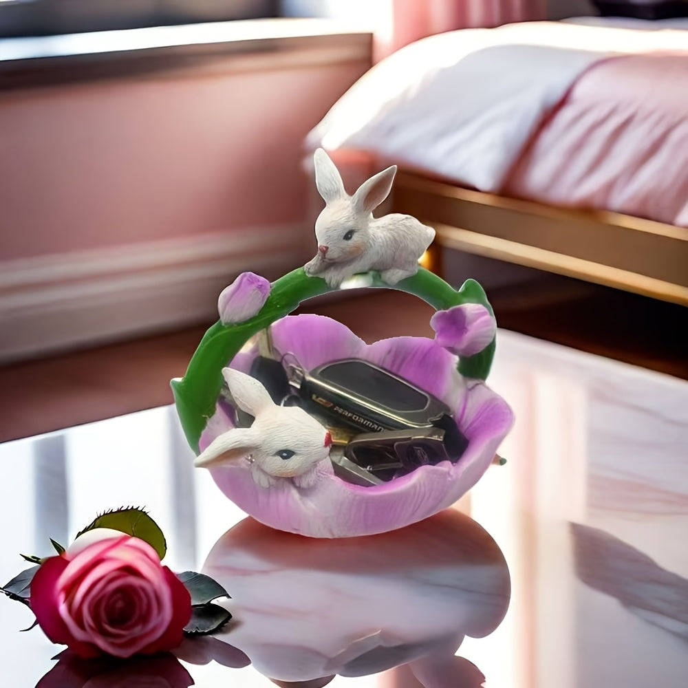Resin Bunny & Lotus Figurine for Home Decor