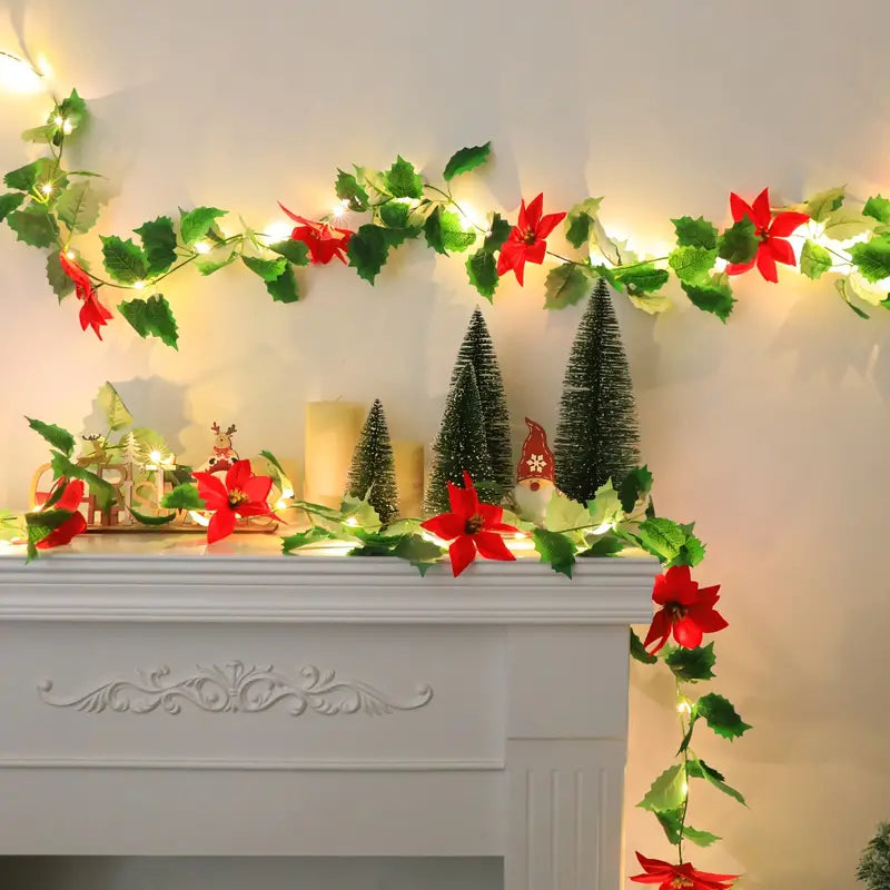 LED Lighted Christmas Red Flower Rattan Decoration - Battery Operated