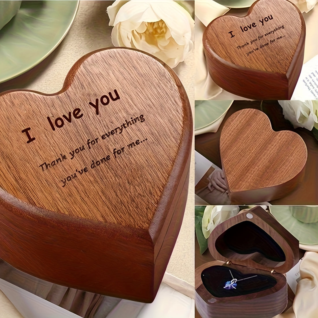 Heart-Shaped Bamboo Gift Box with Pendant Necklace
