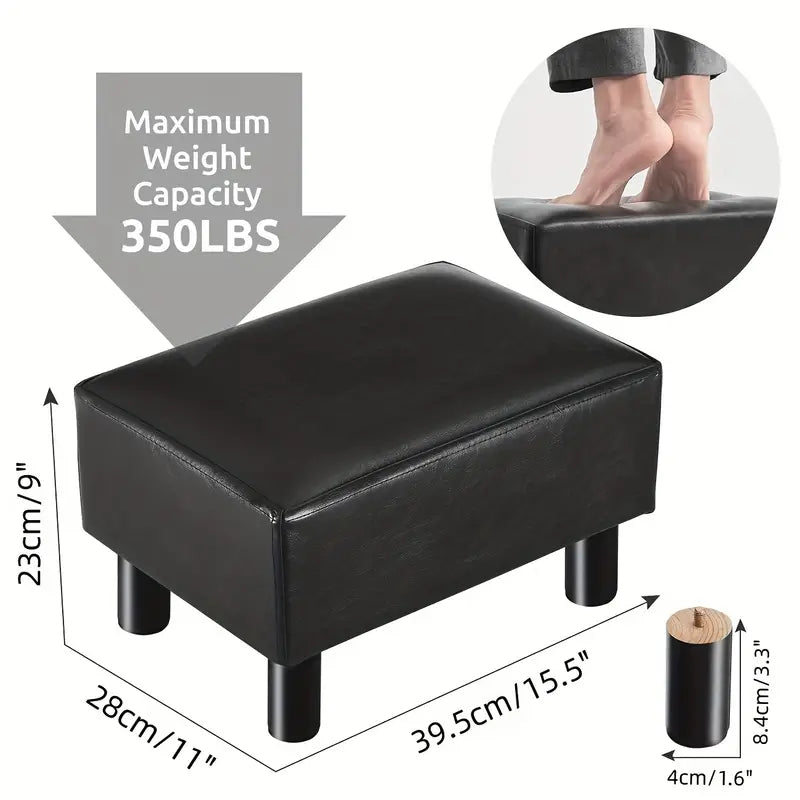 Small Wooden Leg Ottoman: Black PU Faux Leather Footrest