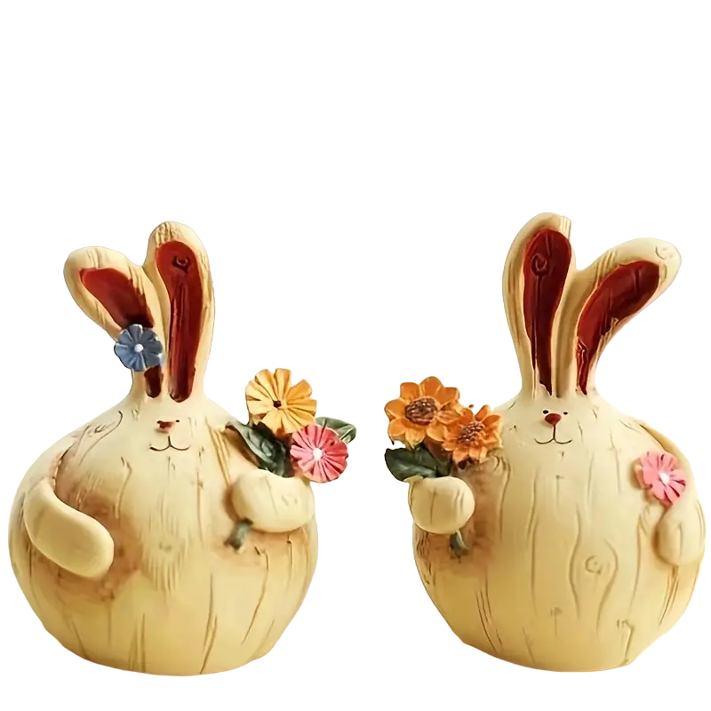 Easter Resin Decorations - Charming Rabbit Lovers Picking Flowers (Set of 2)