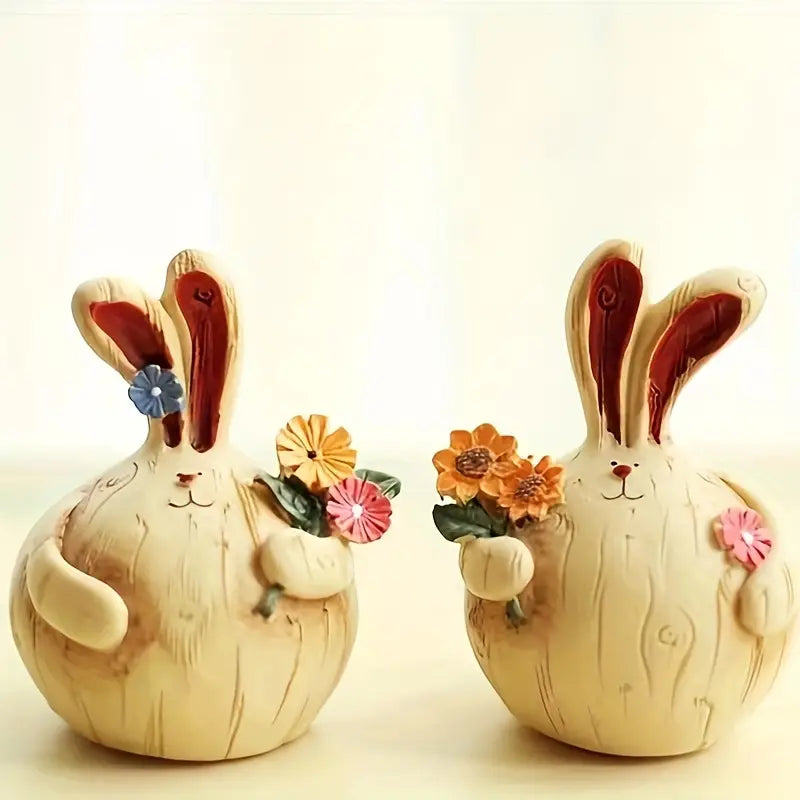 Easter Resin Decorations - Charming Rabbit Lovers Picking Flowers (Set of 2)
