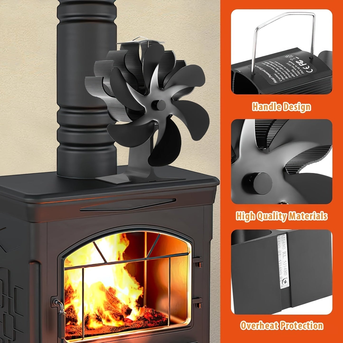 Silent Heat-Powered Wood Stove Fan (6-Blade)