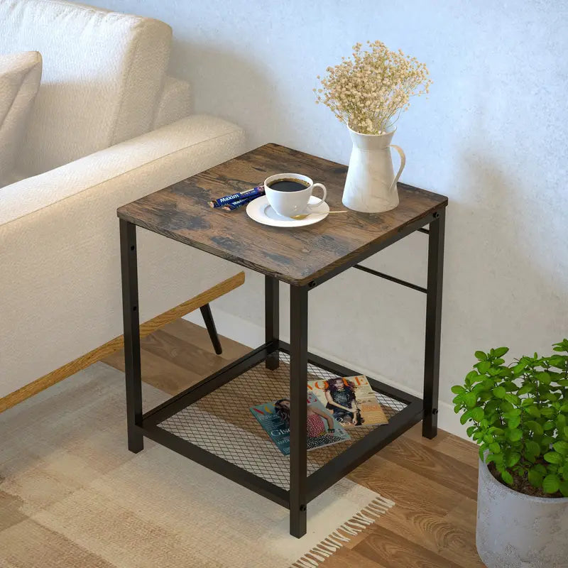 2-Tier End Table Nightstand with Storage Shelf - Rustic Brown+Black