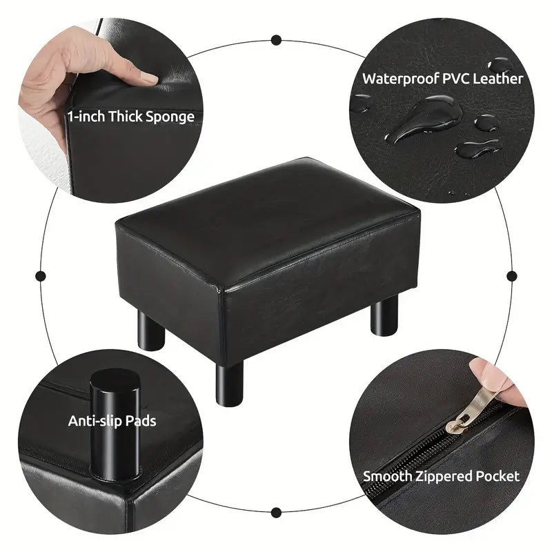 Small Wooden Leg Ottoman: Black PU Faux Leather Footrest