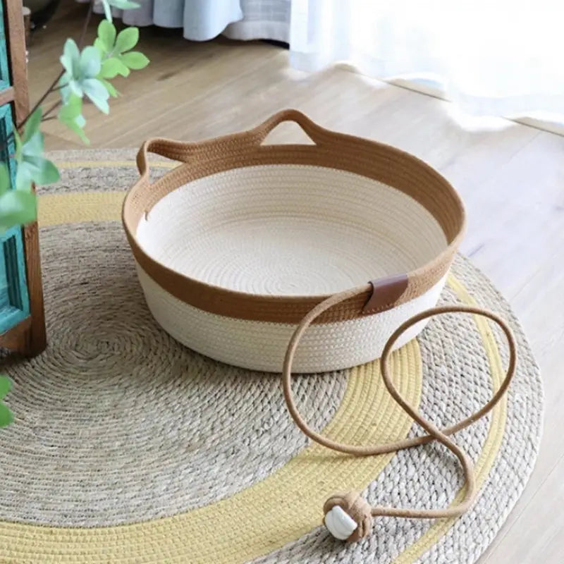 Cat Ear Shape Thickened Woven Cat Scratching Board Pet Bed - Khaki White