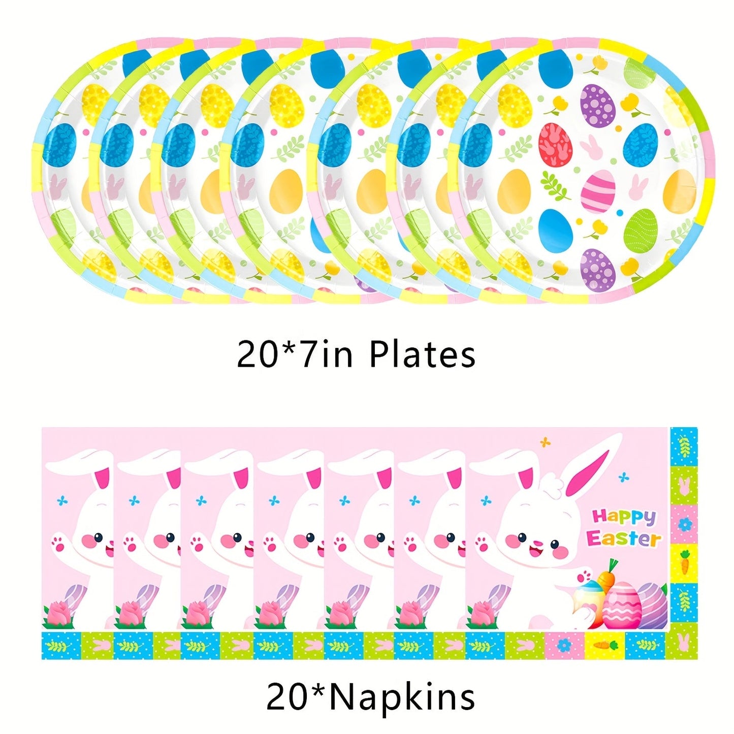 40-Pack Pink Bunny Easter Paper Plates & Napkins Set