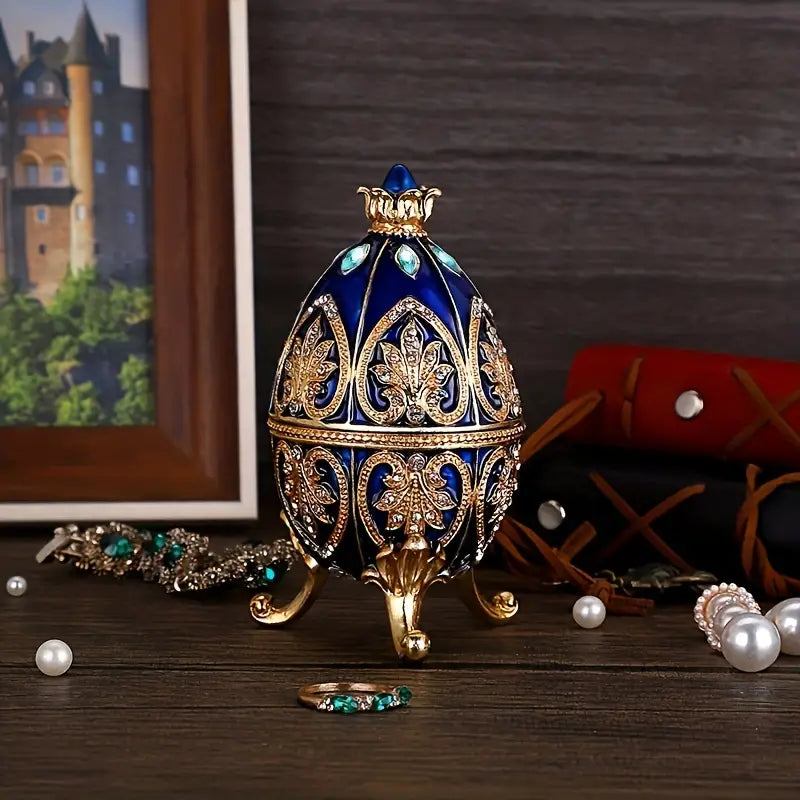 Enameled Faberge Egg Style Jewelry Box - Dark Blue