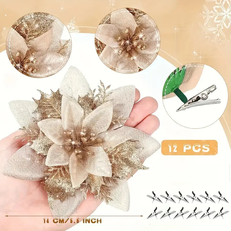 12pcs Glitter Christmas Tree Poinsettias - Festive Decorations with Clips and Stems