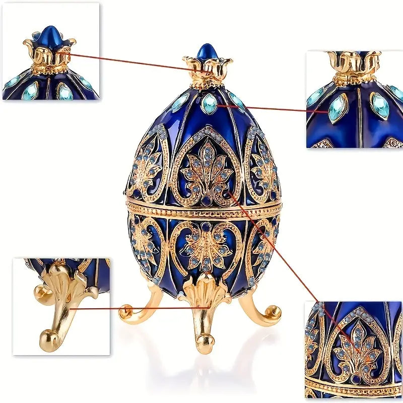 Enameled Faberge Egg Style Jewelry Box - Dark Blue